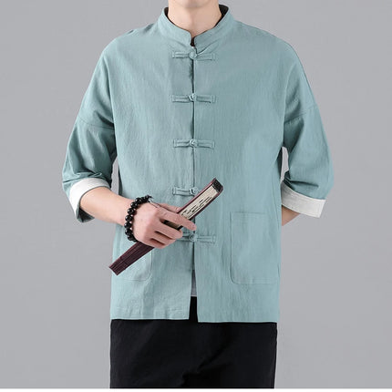 Camicie in Stile Cinese per Uomo, Top Tradizionale Tang in Lino a Mezza Manica, Camicia Kung Fu Hanfu Vintage Casual, Taglie Grandi fino a 5XL