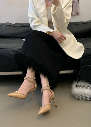 Sandali Donna alla Moda con Rivetti, Nuovo Stile Primavera 2026, Tacchi Alti con Cinturino Sottile, Eleganti Décolleté Color Nude per Estate Autunno platinumshop