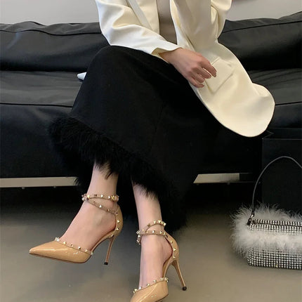 Sandali Donna alla Moda con Rivetti, Nuovo Stile Primavera 2026, Tacchi Alti con Cinturino Sottile, Eleganti Décolleté Color Nude per Estate Autunno platinumshop