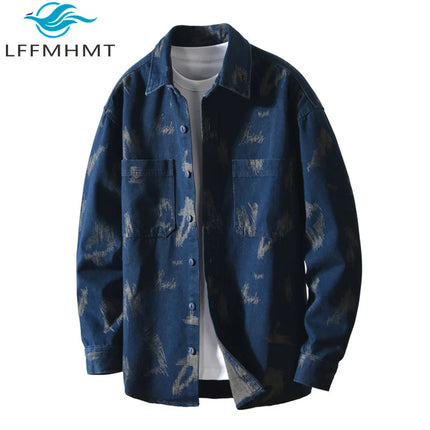 T795 Men's Long Sleeve Denim Casual Shirt for Autumn Winter Fashion Loose Relaxed Fit Vintage Flower Print Denim Jackets Male