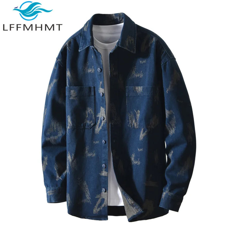 T795 Men's Long Sleeve Denim Casual Shirt for Autumn Winter Fashion Loose Relaxed Fit Vintage Flower Print Denim Jackets Male