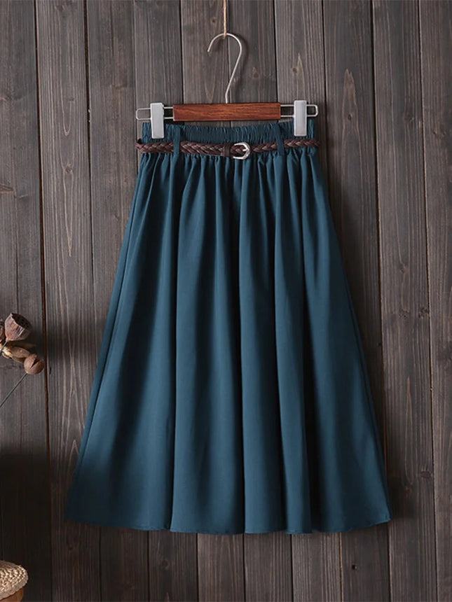 Women's Summer Knee Length Midi Skirt with Belt Fashion Korean Style Women's High Waisted Pleated School Skirt