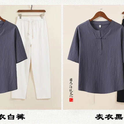 Set da due pezzi da uomo (camicie + pantaloni) in cotone di lino comodo abito Tang pantaloni Kungfu larghi nuova camicia casual retrò a maniche corte da uomo