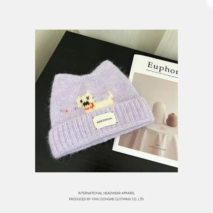 Cute Cartoon Kitten Ear Woolen Cap for Women Warm Cold-proof Autumn Winter Puppy Pattern Knitted Hat Fashion Sweet Crochet hats