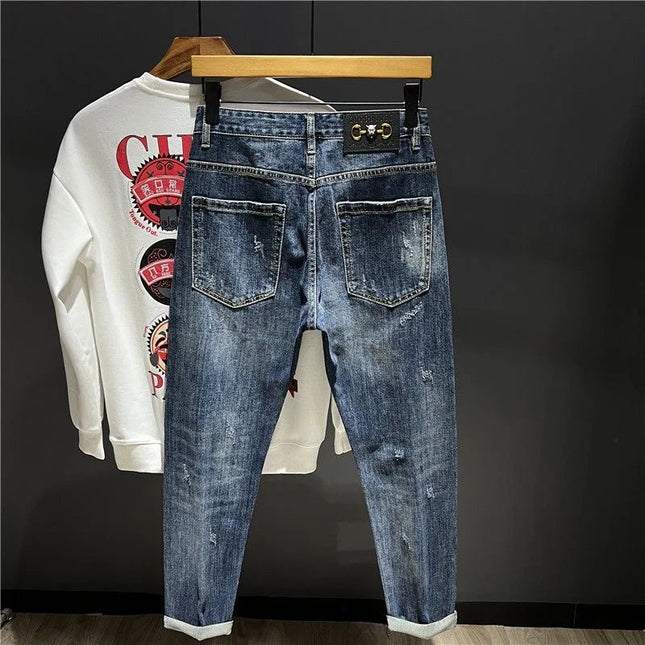 2023 Spring and Autumn New Men's Fashion Trend Ripped Patch Small Foot Pants Men's Casual Slim Comfortable High-Quality Jeans PlatiNum