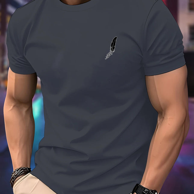 New Men's Summer Thin Crew Neck Running T-shirt Feather Print Top Quick Dry Short Sleeve Breathable Fitness Sports T-shirt