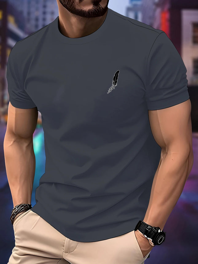 New Men's Summer Thin Crew Neck Running T-shirt Feather Print Top Quick Dry Short Sleeve Breathable Fitness Sports T-shirt