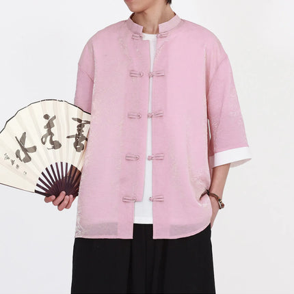 Camicia da Uomo di Lusso con Sfumature Colorate, Jacquard a Maniche Corte, Stile Cinese Tradizionale, Fresca per l'Estate, in Seta Ghiaccio