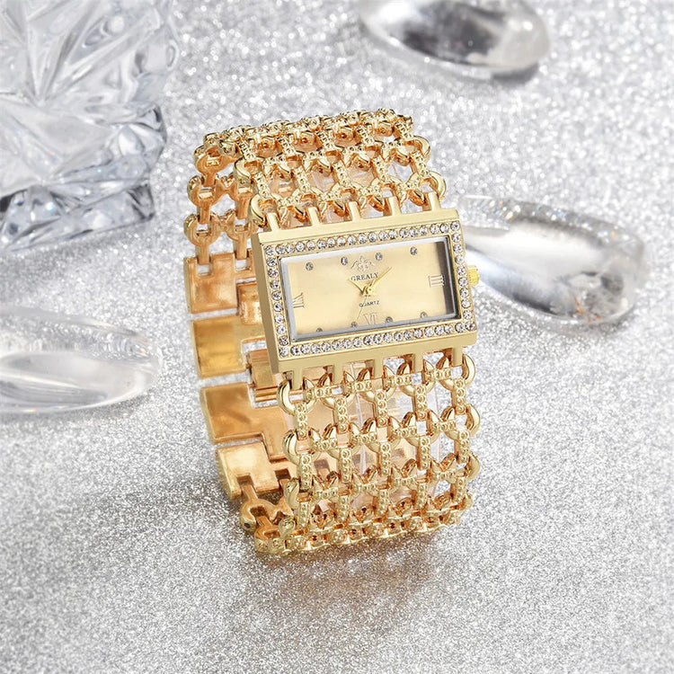 Orologio al quarzo da donna in oro nobile di lusso, orologio da donna con cinturino scheletrato, orologio completo platinumshop