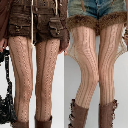 Nouveau collant évidé marron rayé pour femmes, bas résille sexy en nylon, collants style High Street pour filles gothiques piquantes et maléfiques