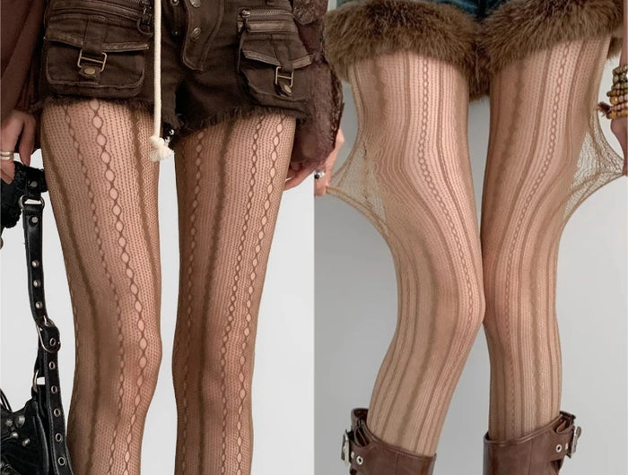 Nouveau collant évidé marron rayé pour femmes, bas résille sexy en nylon, collants style High Street pour filles gothiques piquantes et maléfiques