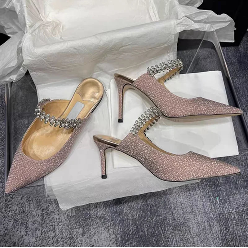 European and American Women Slippers 2025 Summer New Rhinestone High Heels Pointed Temperament Muller Shoes