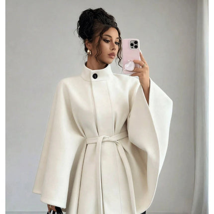 Women's Belted Wool Cape Coat High Neck Stand Collar Batwing Sleeve Loose Fit Winter Warm Poncho Outerwear 2026