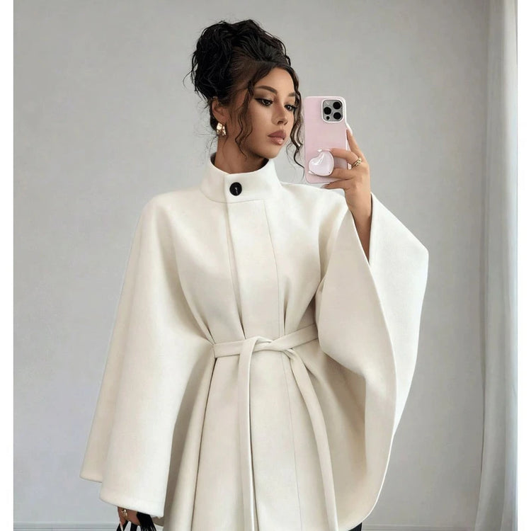 Women's Belted Wool Cape Coat High Neck Stand Collar Batwing Sleeve Loose Fit Winter Warm Poncho Outerwear 2026