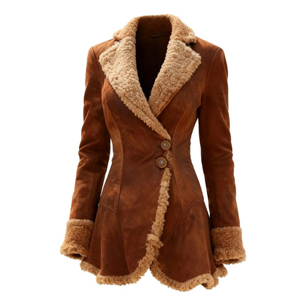 Women's Vintage Suede Coat Fur Collar Lapel  Beggar Style