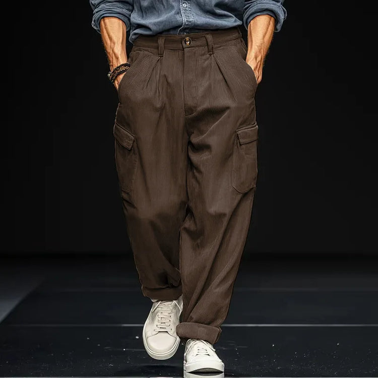 Men's Wide Leg Cargo Pants, Pleated Trousers, Multi‑Pocket Solid Brown Loose Fit Work Pants For Men Work Or Casual Daily Wear