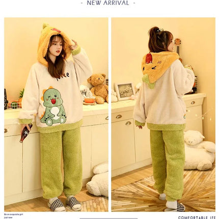 2024 New Plush Pajamas Set for Women Thick Hooded Women 2 Piece Clothes Set Cute Rabbit Women Pyjamas Coral Fleece Warm Homewear