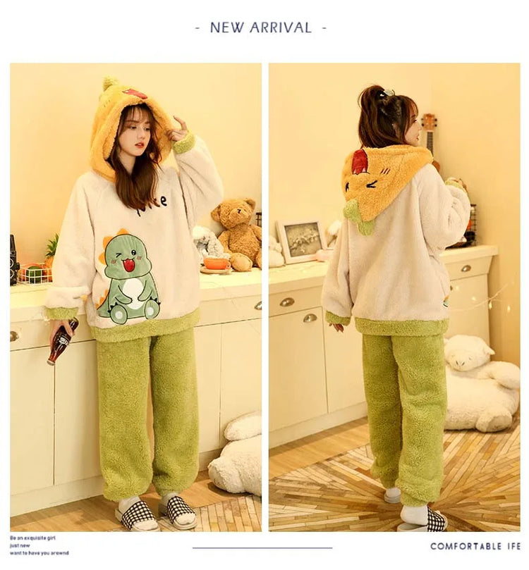 2024 New Plush Pajamas Set for Women Thick Hooded Women 2 Piece Clothes Set Cute Rabbit Women Pyjamas Coral Fleece Warm Homewear