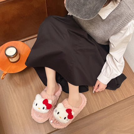 Sanrio Hello Kitty Women's 3D Cartoon Fluffy Teddy Fleece Open Toe Slippers Soft Non-Slip Sole Comfy Indoor Bedroom House Slides