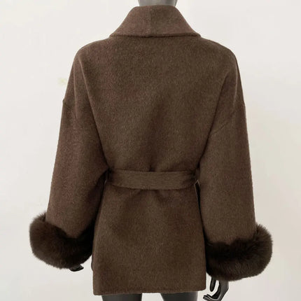 Elegant OL Office Lady Overcoats Fur Patchwork Long Sleeve Woolen Coat Beautiful Women's Clothing Jacket Autumn 2025 Spring