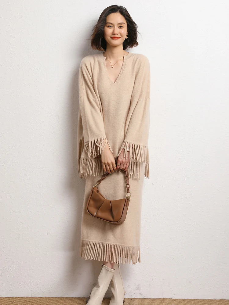Women's Tassels Long Skirts Autumn Winter 100% Cashmere Knitwear Soft Warm Retro Casual Clothing Versatile Hide Fat Make Slim PlatiNum