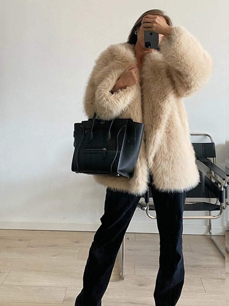 ZADORIN Korean Style Winter Warm Coat Women Mid Length Lapel Loose Faux Fox Fur Coat Luxury Overcoat Fluffy Fur Jacket Tops