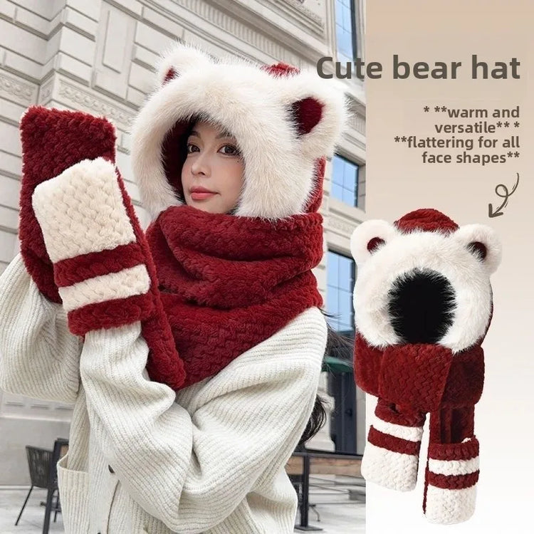 Women's Hat Beanie Balaclava Winter Cap Winter Women's Cute Thickened Fox Plush Hat Scarf Glove Three-in-one Cycling Warmth