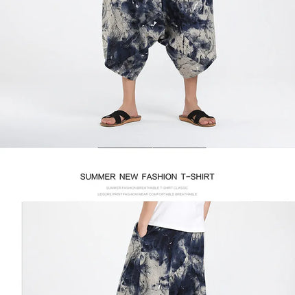 Pantaloncini Estivi Harajuku Larghi con Stampa, Traspiranti, Casual, Lunghezza al Polpaccio, Nuovi Pantaloni da Uomo in Cotone e Lino Oversize Stile Lanterna