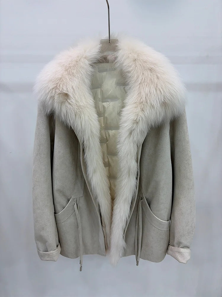 2026 Autumn Winter Women's White Goose Down Coats Natural Real Fox Fur Collar Jacket Outwear Luxury Female Jacket