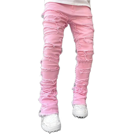 Men's Regular Fit Stacked Jeans Ripped Slim Fit Patch Distressed Destroyed Straight Denim Pants Hip Hop Streetwear Trouser Cloth PlatiNum