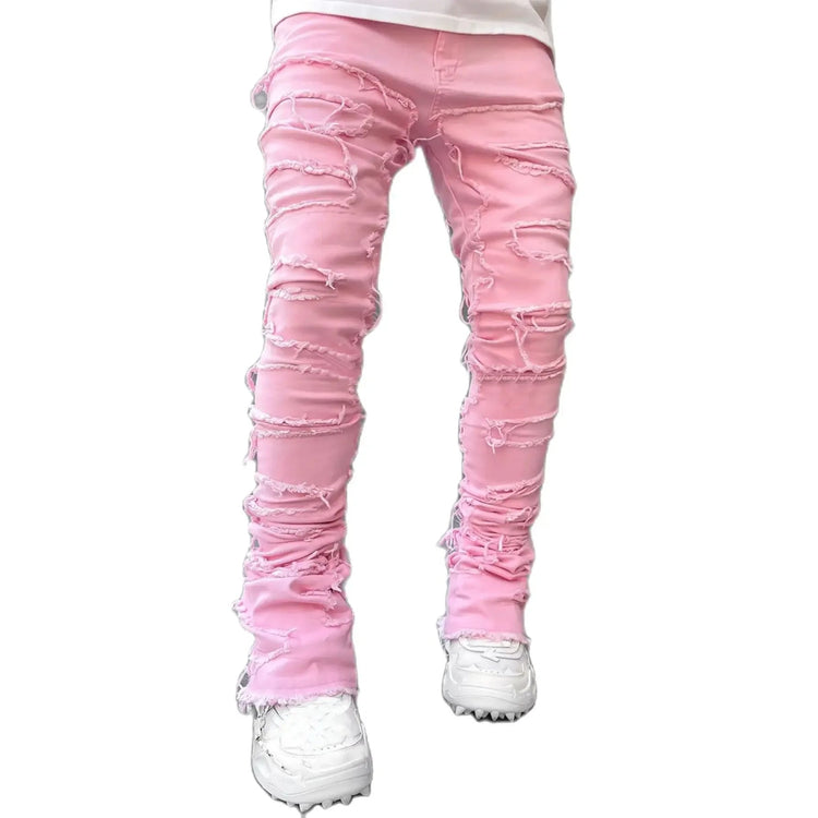 Men's Regular Fit Stacked Jeans Ripped Slim Fit Patch Distressed Destroyed Straight Denim Pants Hip Hop Streetwear Trouser Cloth PlatiNum