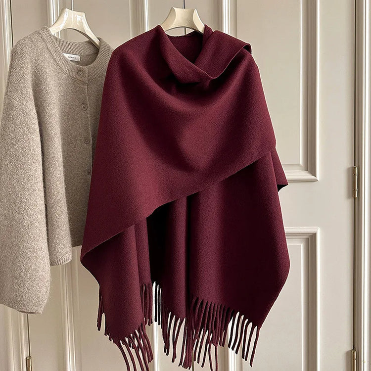 Women Split‑Open Woolen Tassel Poncho Shawl Thick Warm Cape Coat Autumn Winter Travel Photography Outer Wrap