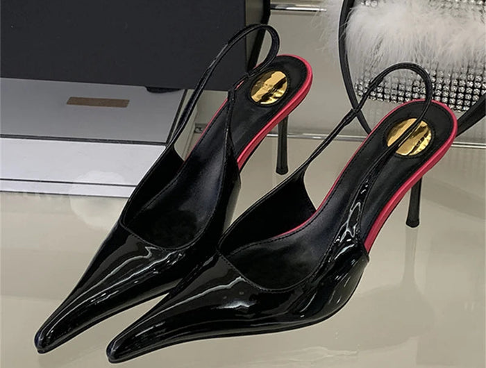Eilyken Spring Fashion Sexy Thin Heels Pointed Toe Pumps Women Mule Shoes Elegant Patent Leather Banquet Striptease Sandals PlatiNum
