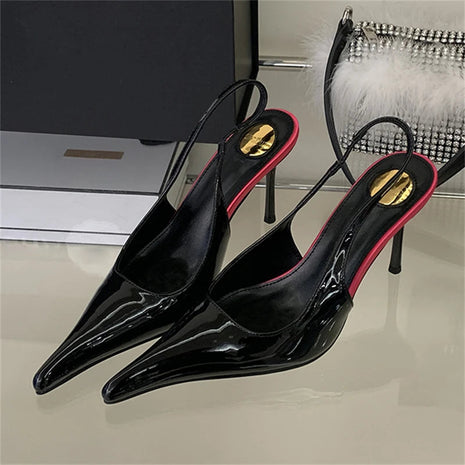 Eilyken Spring Fashion Sexy Thin Heels Pointed Toe Pumps Women Mule Shoes Elegant Patent Leather Banquet Striptease Sandals PlatiNum