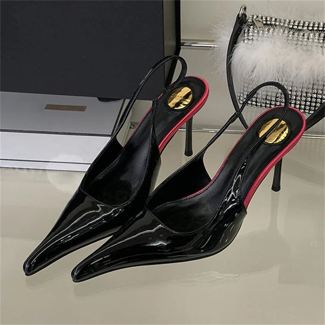 Eilyken Spring Fashion Sexy Thin Heels Pointed Toe Pumps Women Mule Shoes Elegant Patent Leather Banquet Striptease Sandals PlatiNum