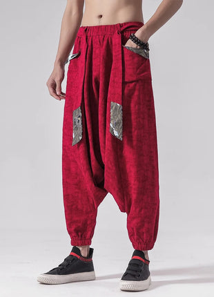 Pantaloni a gamba larga da uomo in cotone e lino casual oversize Harajuku pantaloni alla moda da uomo samurai giapponese retrò Ukiyo-e stampa pantaloni con cintura da uomo