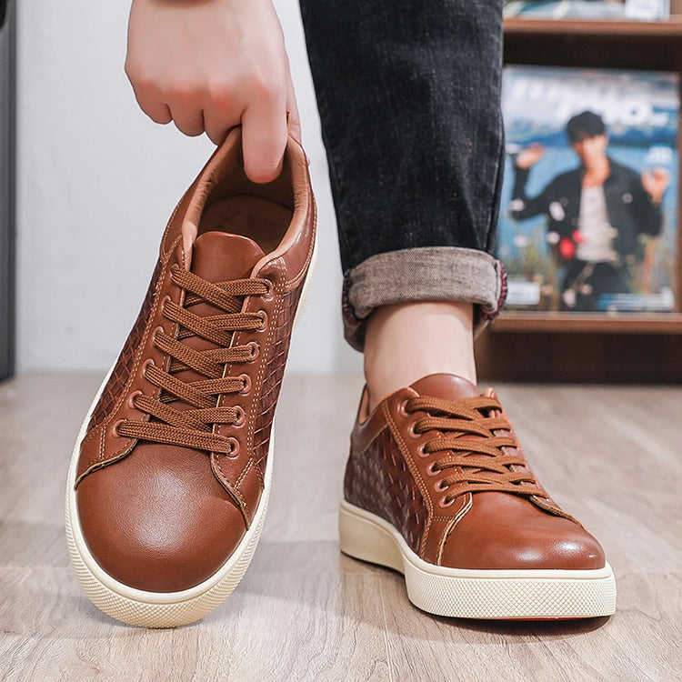Men Low Top Leather Casual Shoes Lace-up Fashion Sneakers Black Embossed Plaid Upper Non Slip Flat Daily Wear Board Footwear