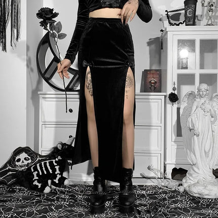 Damen-Punk-Rock-Stil-Rock, neuartiger eleganter langer Rock für Halloween und Festivals, hohe Taille, schlanke Passform, mit sexy Schleife und seitlichem Schlitz, Knielang