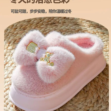 New Pink Bow Slippers Winter Women's Shoes Thick Sole Fuzzy Slippers for Home Mules Shoes Woman Fluffy Metal Bear House Slipper