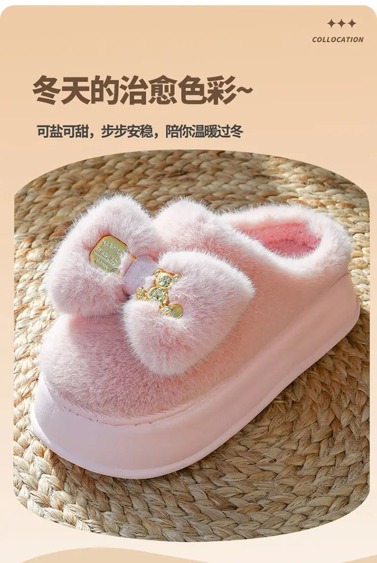 New Pink Bow Slippers Winter Women's Shoes Thick Sole Fuzzy Slippers for Home Mules Shoes Woman Fluffy Metal Bear House Slipper