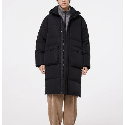 Metersbonwe Men's Long Hooded Down Jacket  Male Stand Collar Jacket with Hem Side Zipper Letter Printing Duck Down Padded Brand