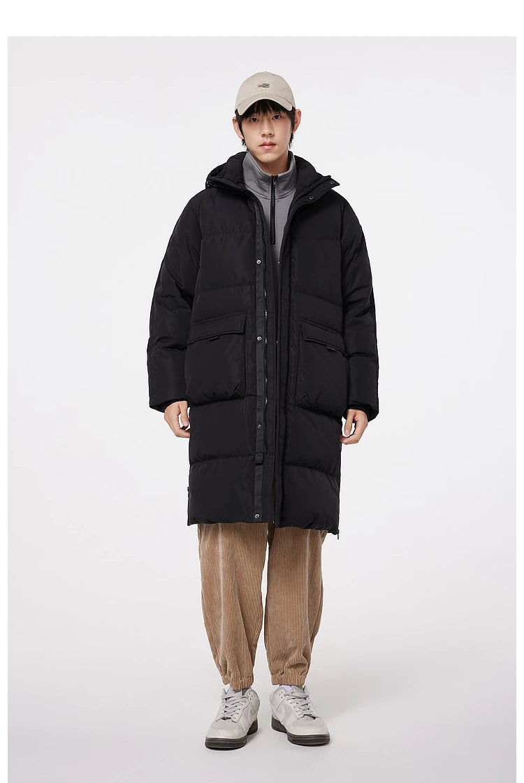 Metersbonwe Men's Long Hooded Down Jacket  Male Stand Collar Jacket with Hem Side Zipper Letter Printing Duck Down Padded Brand