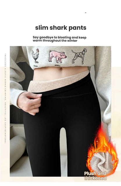Women's Shark Leggings Fleece Lined  Winter Warm Tummy Control Thermal Pants High Waist Slimming Figure Long trousers Plus Size