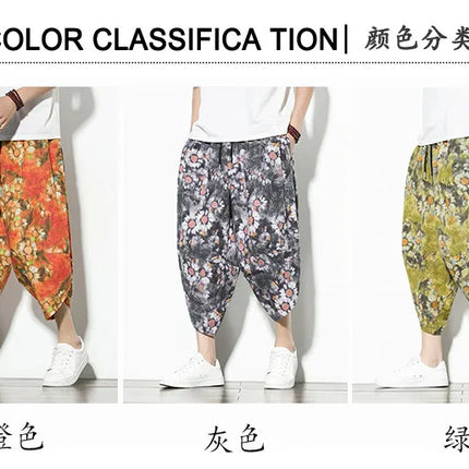 Pantaloncini Estivi Harajuku Larghi Stampati Traspiranti Casual a Lunghezza Polpaccio in Cotone Oversize da Uomo
