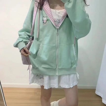 Y2k Hoodies Green Kawaii Cat Floral Print Hooded Zip-up Woman Sweatshirts Pink Thin Jacket Spring Fall Clothes Cute Streetwear