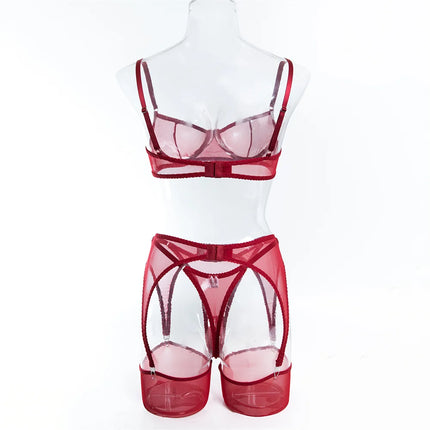 Krasapt Sexy Mesh See Through Lingerie 4 Piece Sets Woman Sheer Push Up Bras And Panties Garter Suits Erotic Intimate Outfits