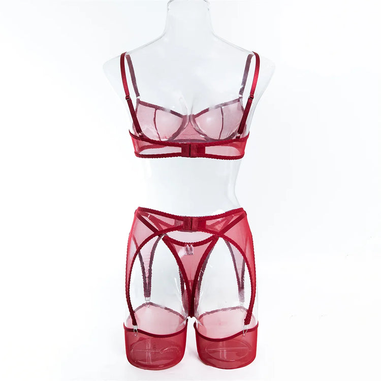 Krasapt Sexy Mesh See Through Lingerie 4 Piece Sets Woman Sheer Push Up Bras And Panties Garter Suits Erotic Intimate Outfits