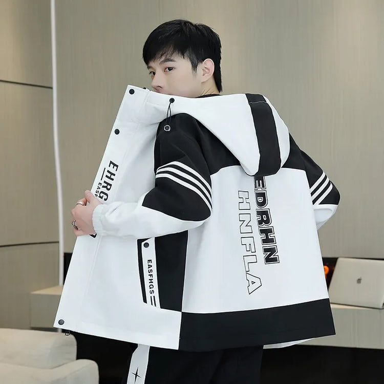 Spring Autumn Men's Hooded Jacket Loose Versatile Trendy Color Block Fashion Outerwear Windproof Thickened Long Sleeve Zipper