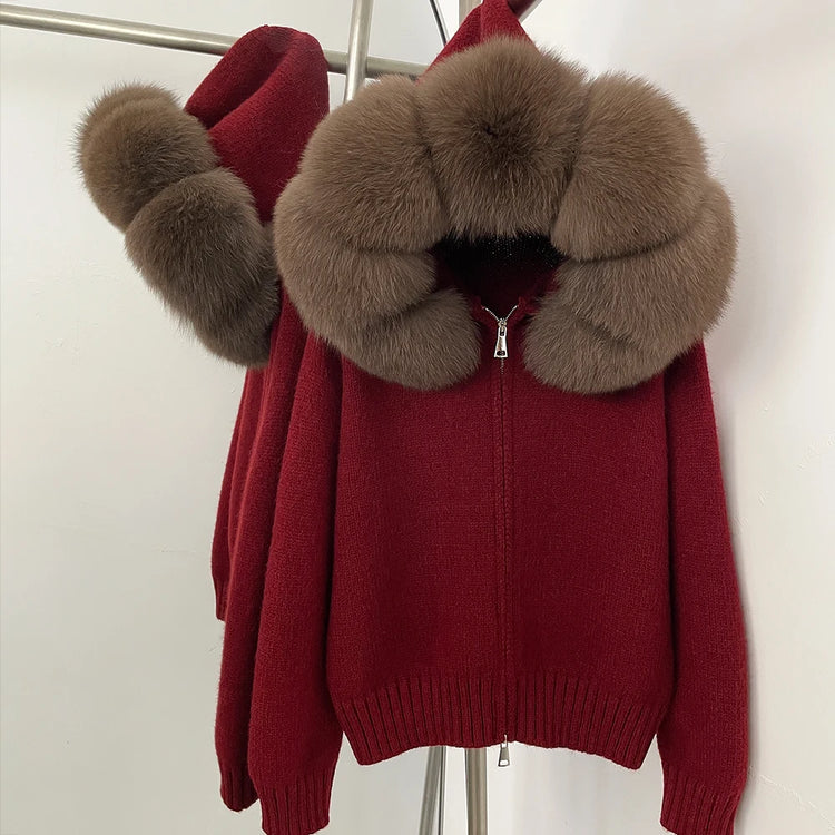 OFTBUY Real Fox Fur Kintwear Women New Spring Autumn Hooded Sweater Female Loose Zipper Kintted Jacket Oversized Cardigan