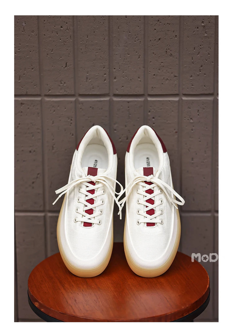 Men's Linen Canvas Platform Sneakers, Breathable Low‑Top Casual Skate Shoes, Retro Contrast Tan Trim Design, Soft Cushioned Thic
